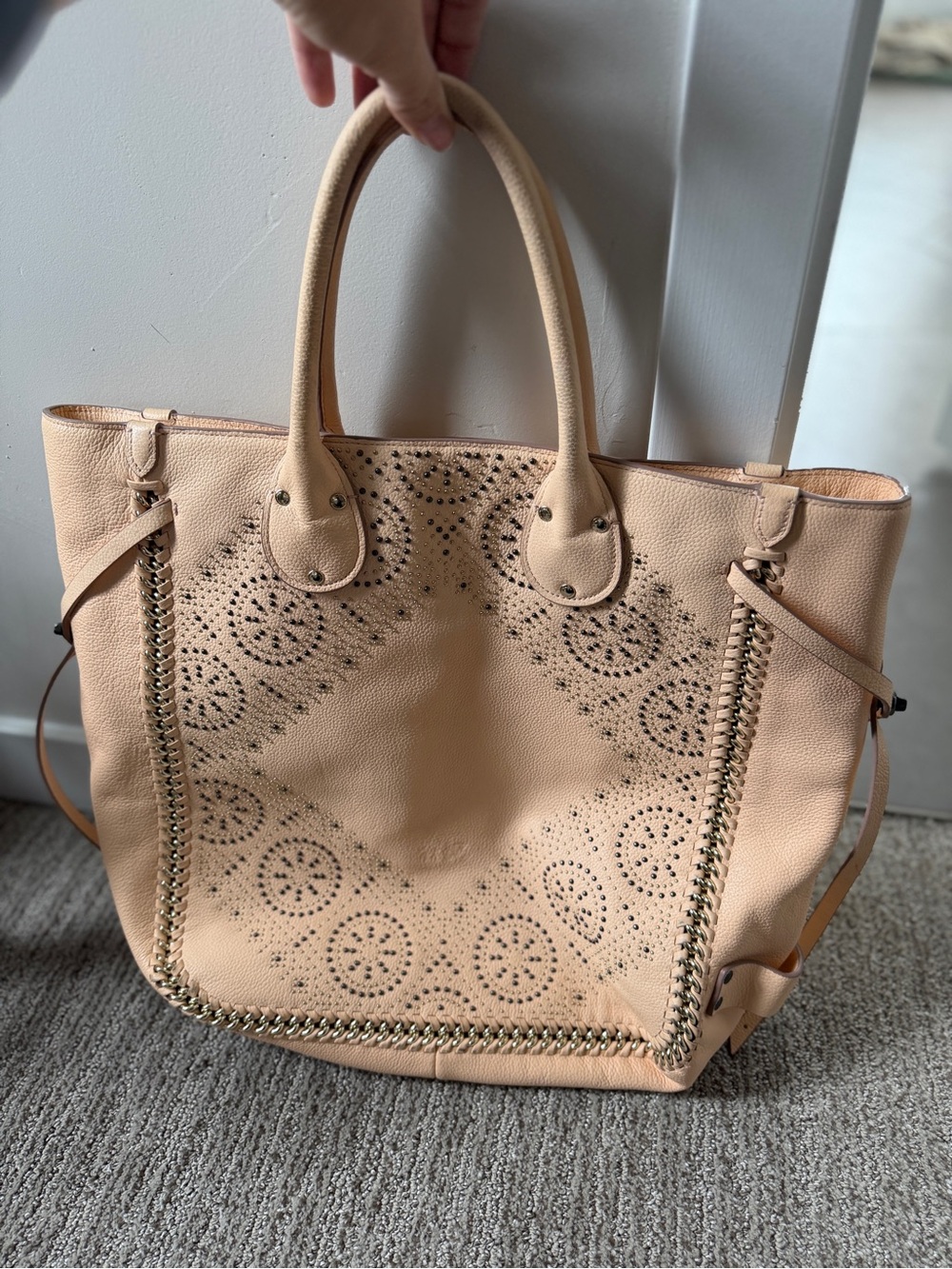Neutral Beige Laser-Cut Leather Tote Bag